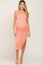 Peach Ribbed Knit Side Slit Maternity Midi Dress - Day Dress, Person, Dress, Shoe, Sandal | Everetts Place
