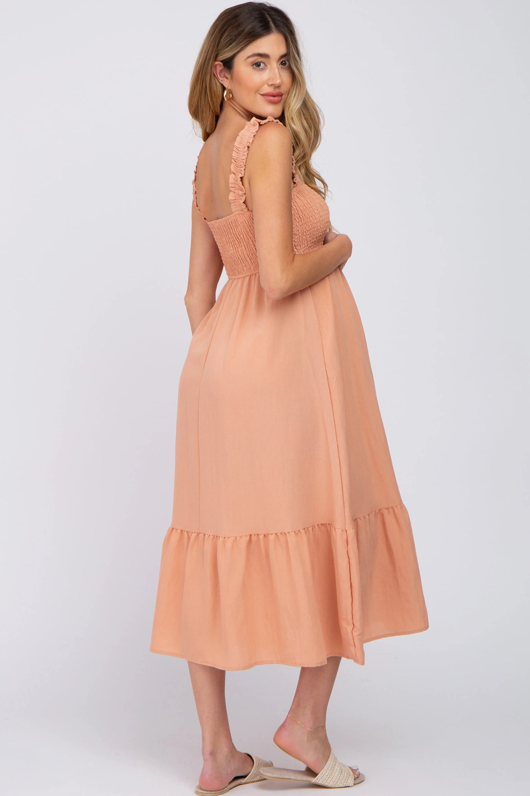 PinkBlush Peach Smocked Maternity Midi Dress - 