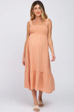 Peach Smocked Maternity Midi Dress - One-piece garment, Day Dress, Dress, Fashion, Cocktail dress | Everetts Place
