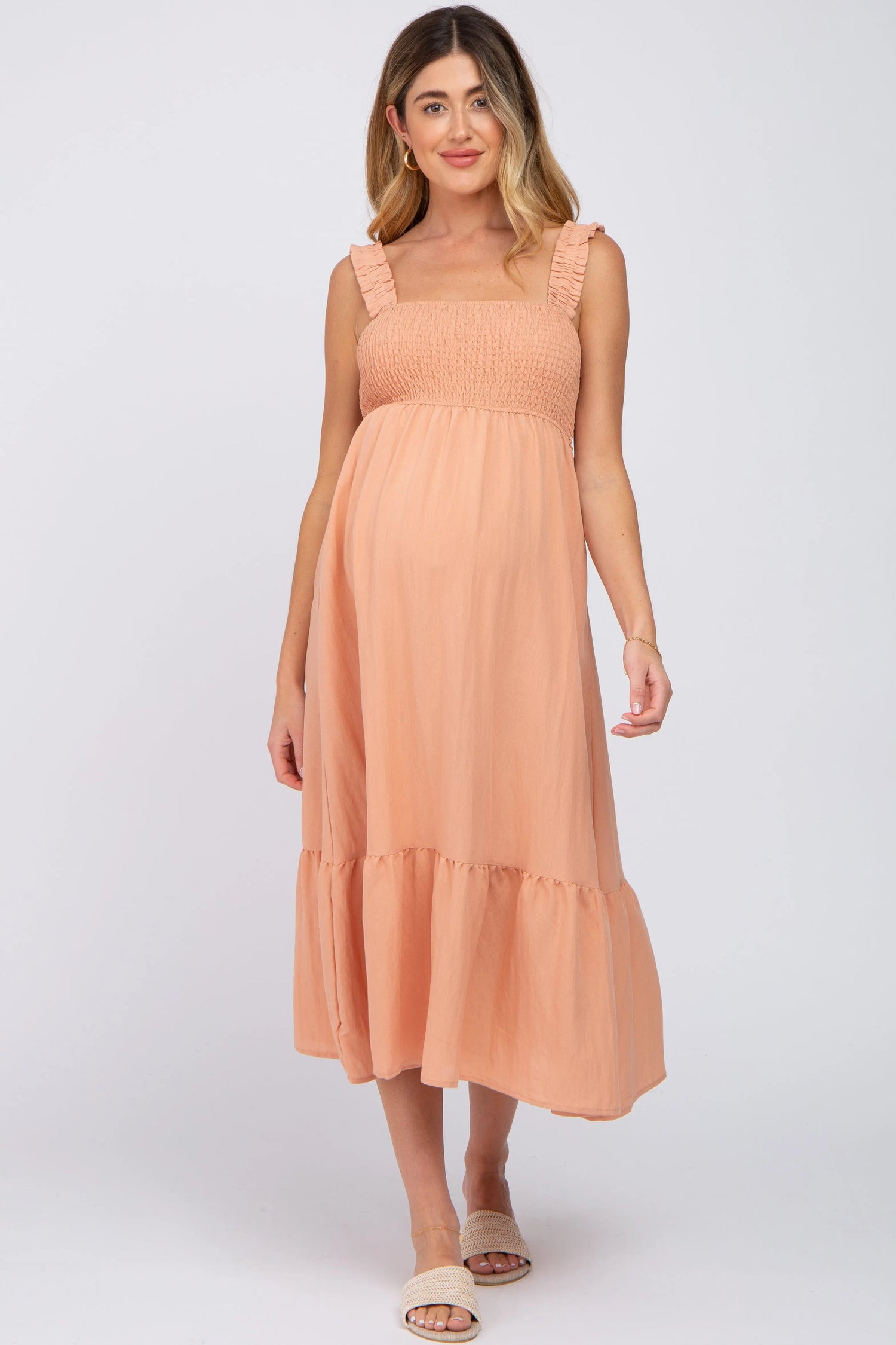Peach Smocked Maternity Midi Dress - One-piece garment, Day Dress, Dress, Fashion, Cocktail dress | Everetts Place