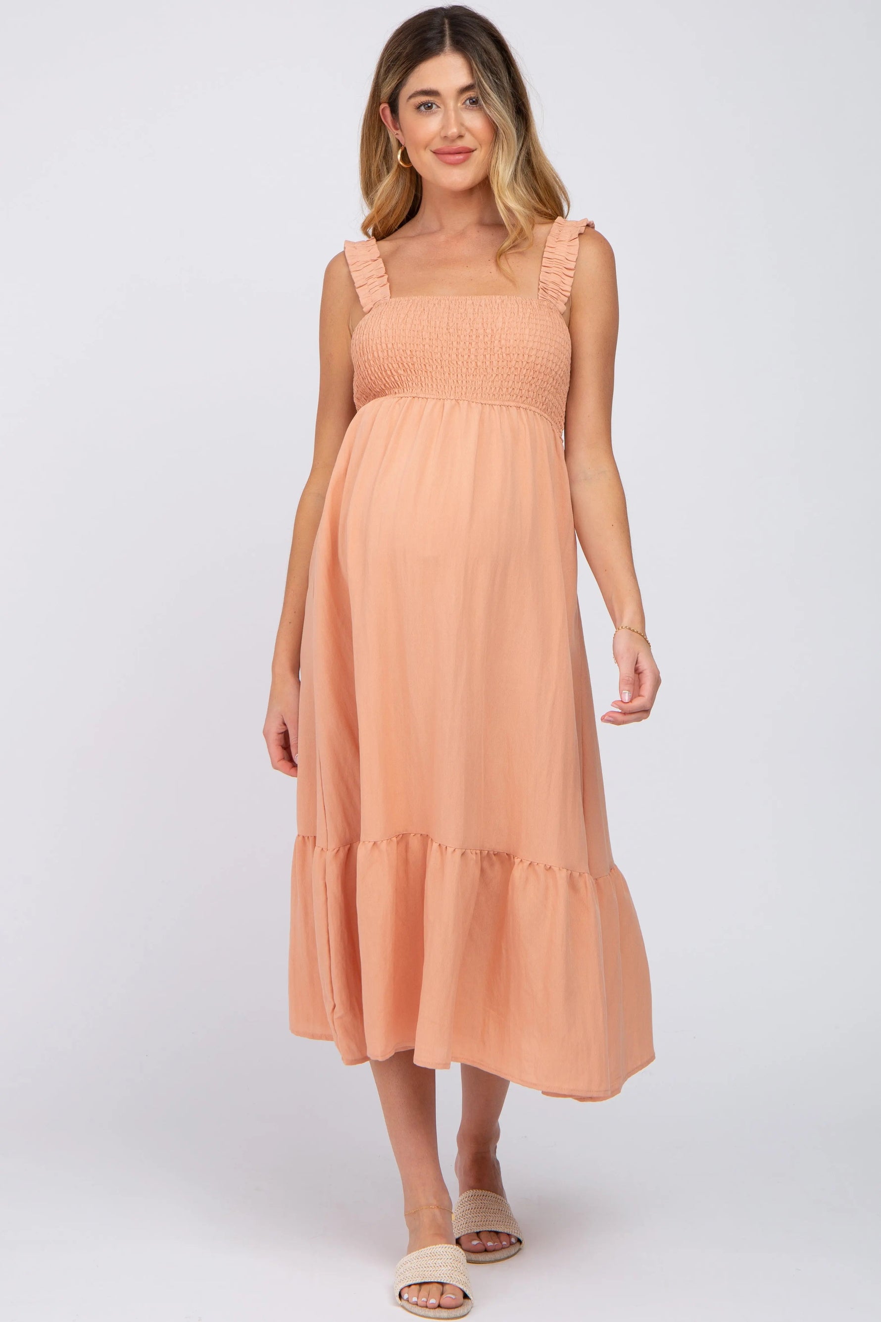 Peach Smocked Maternity Midi Dress - One-piece garment, Day Dress, Dress, Fashion, Cocktail dress | Everetts Place