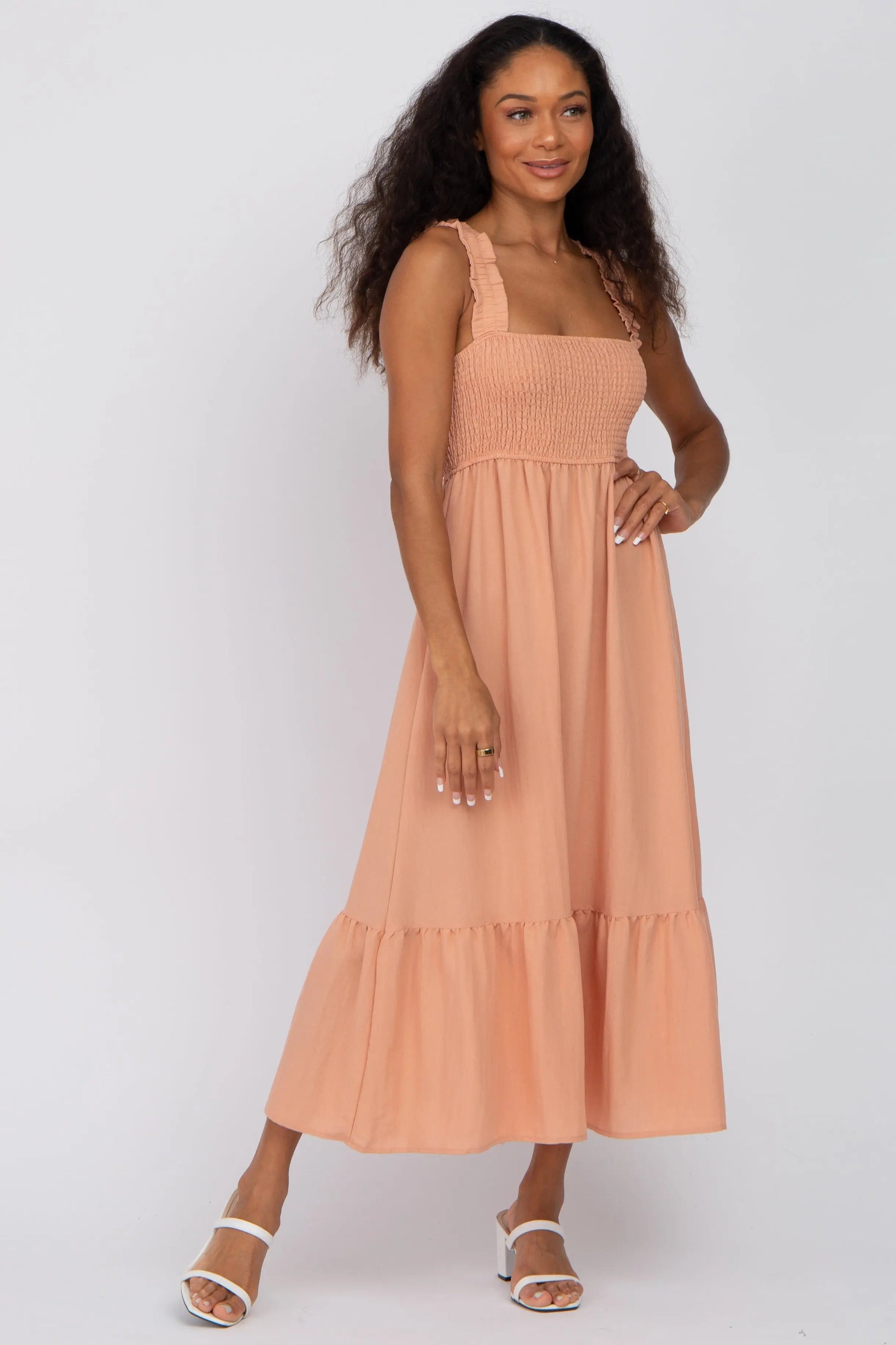 PinkBlush Peach Smocked Maternity Midi Dress - 