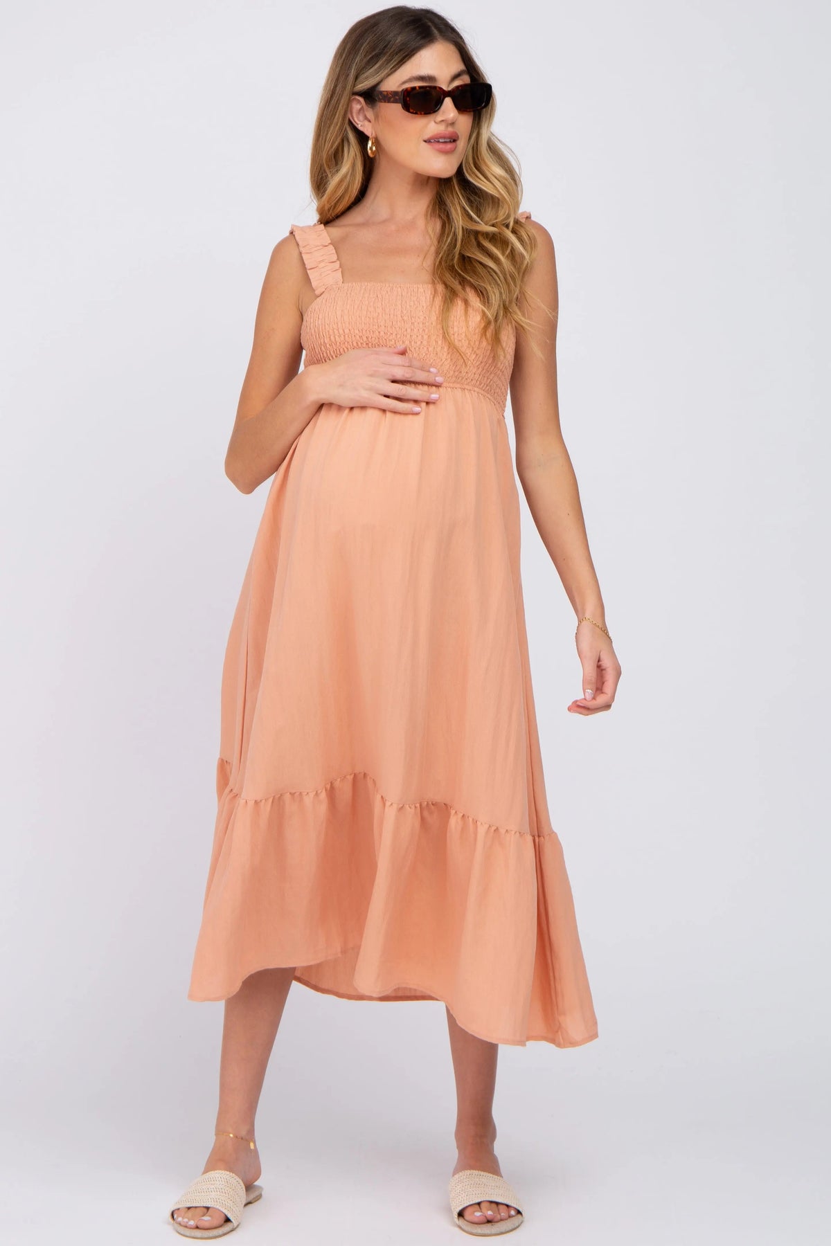 PinkBlush Peach Smocked Maternity Midi Dress - 