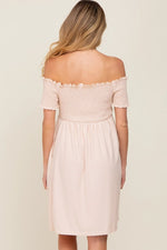 PinkBlush Peach Swiss Dot Maternity Dress with Smocked Bust and Pockets for Moms - 