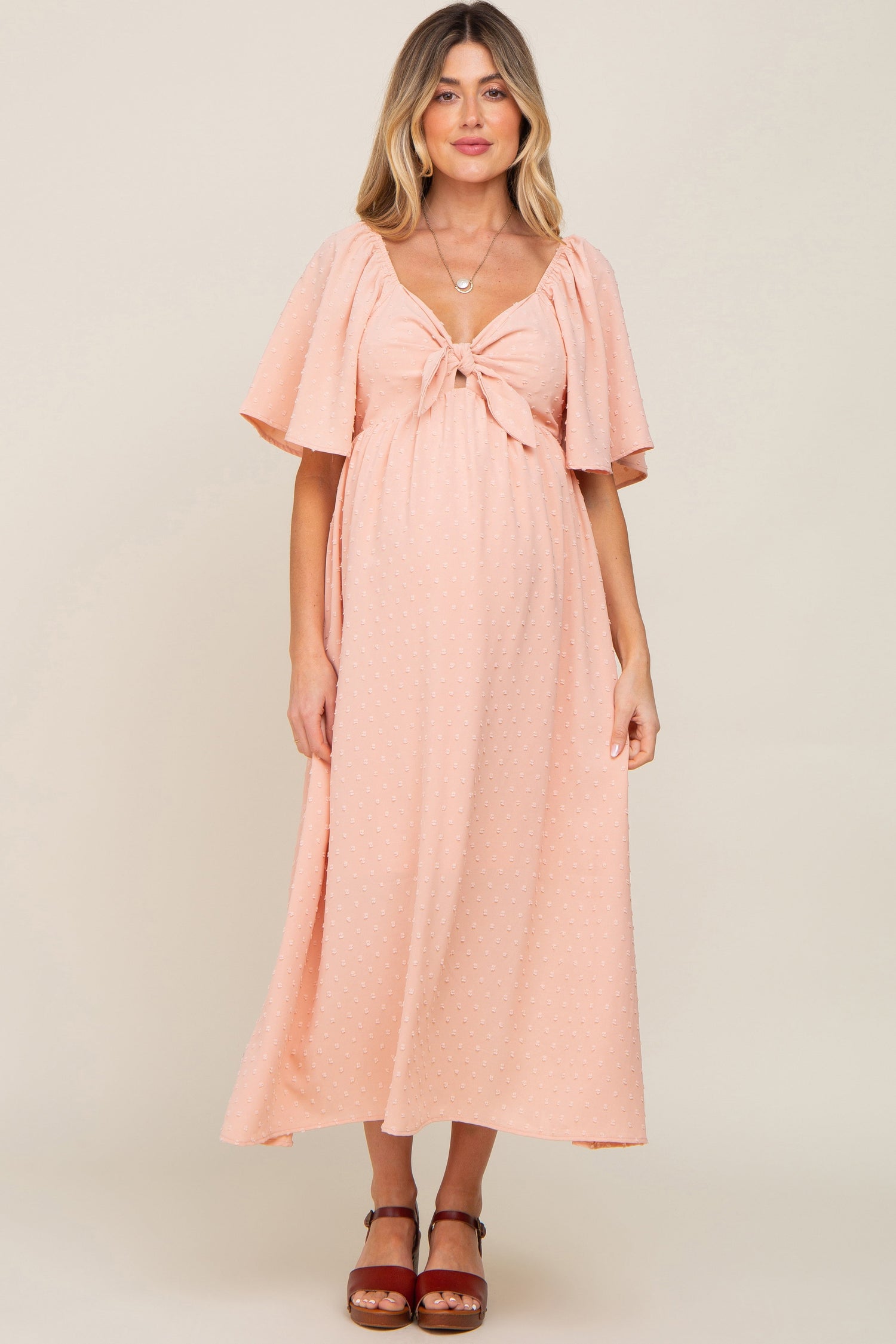 Peach Textured Dot Front Tie Ruffle Sleeve Maternity Midi Dress - Shoulder, Dress, Pink, One-piece garment, Day Dress | Everetts Place