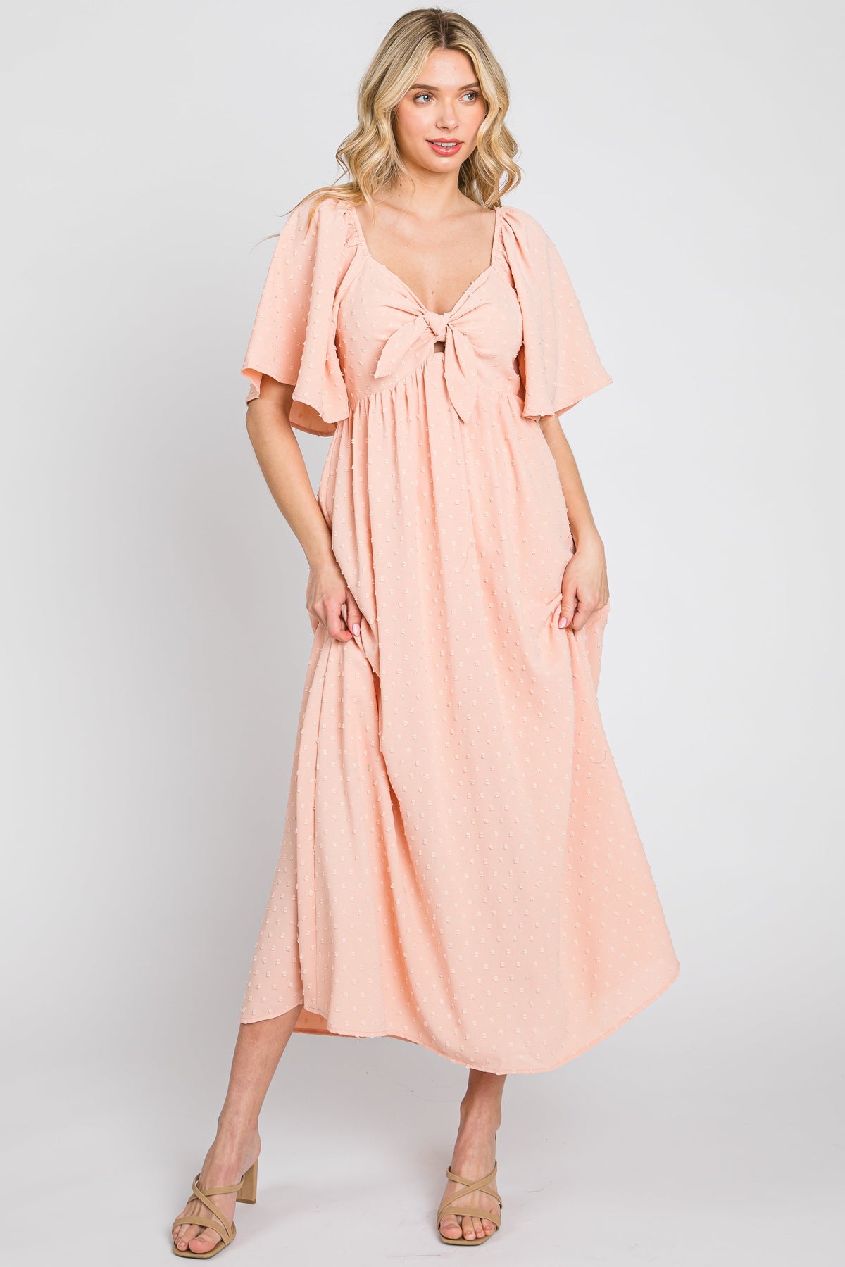 PinkBlush Peach Textured Dot Front Tie Ruffle Sleeve Maternity Midi DressEveretts Place