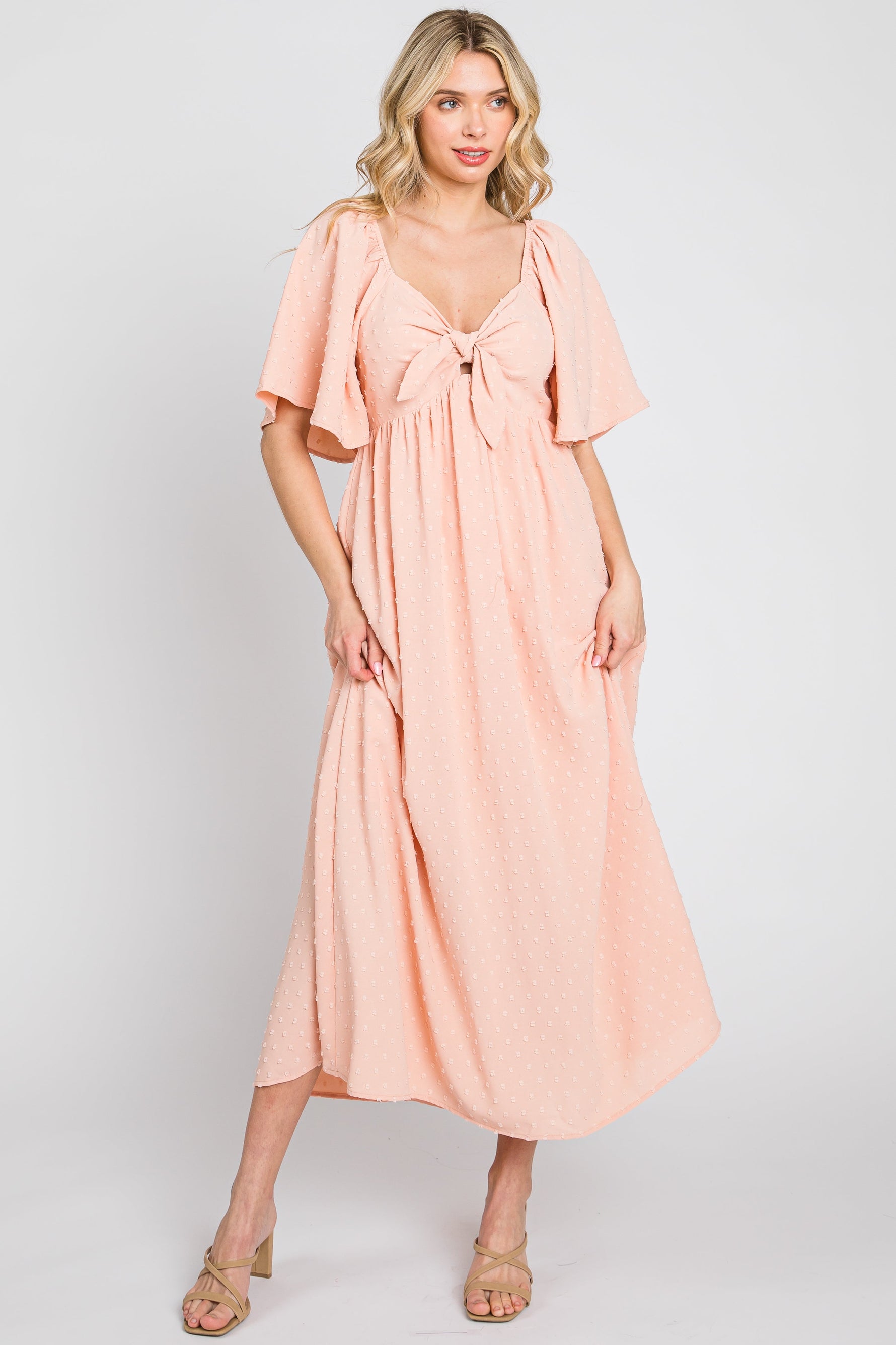 PinkBlush Peach Textured Dot Front Tie Ruffle Sleeve Maternity Midi DressEveretts Place