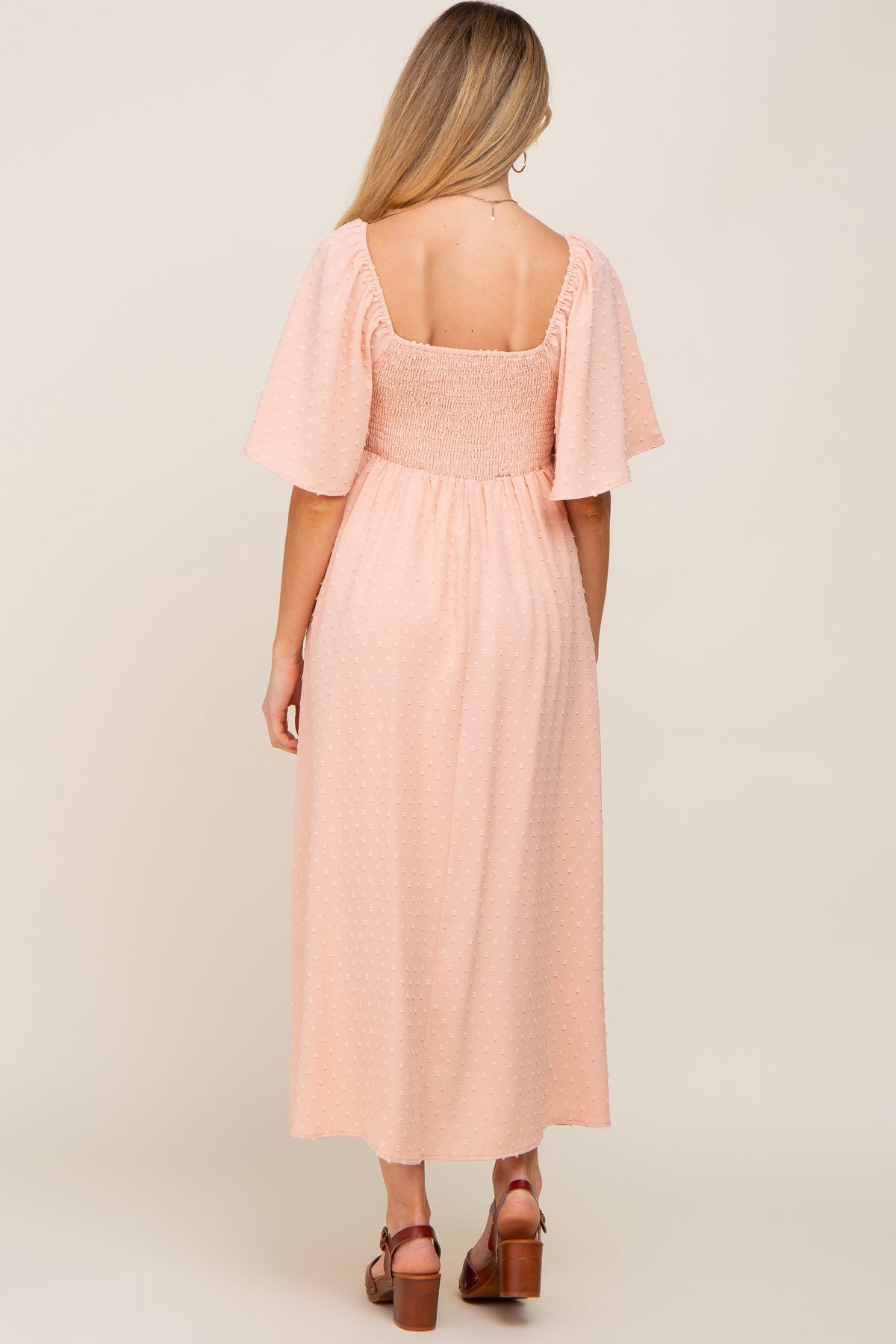 PinkBlush Peach Textured Dot Front Tie Ruffle Sleeve Maternity Midi DressEveretts Place