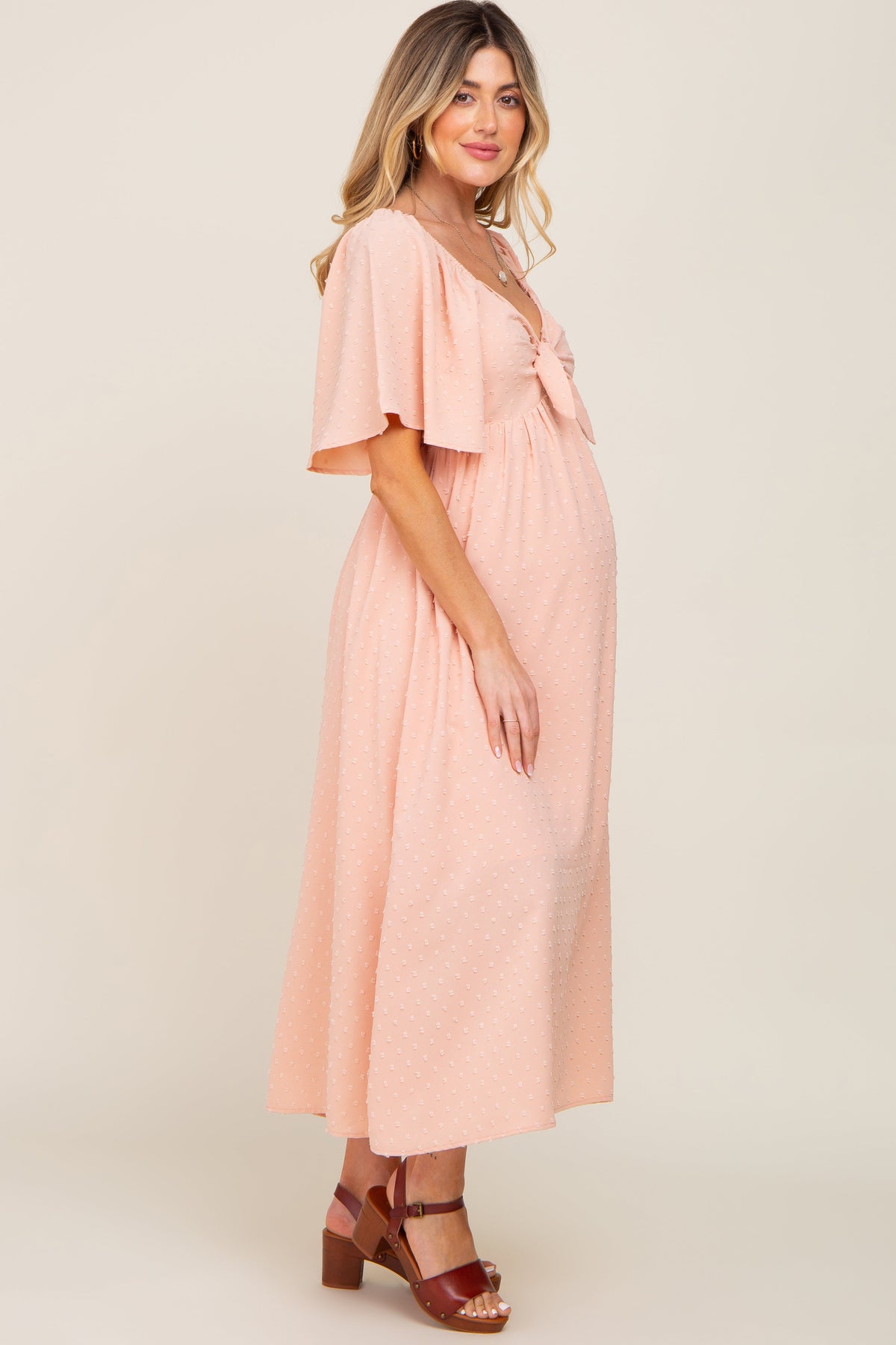 PinkBlush Peach Textured Dot Front Tie Ruffle Sleeve Maternity Midi DressEveretts Place