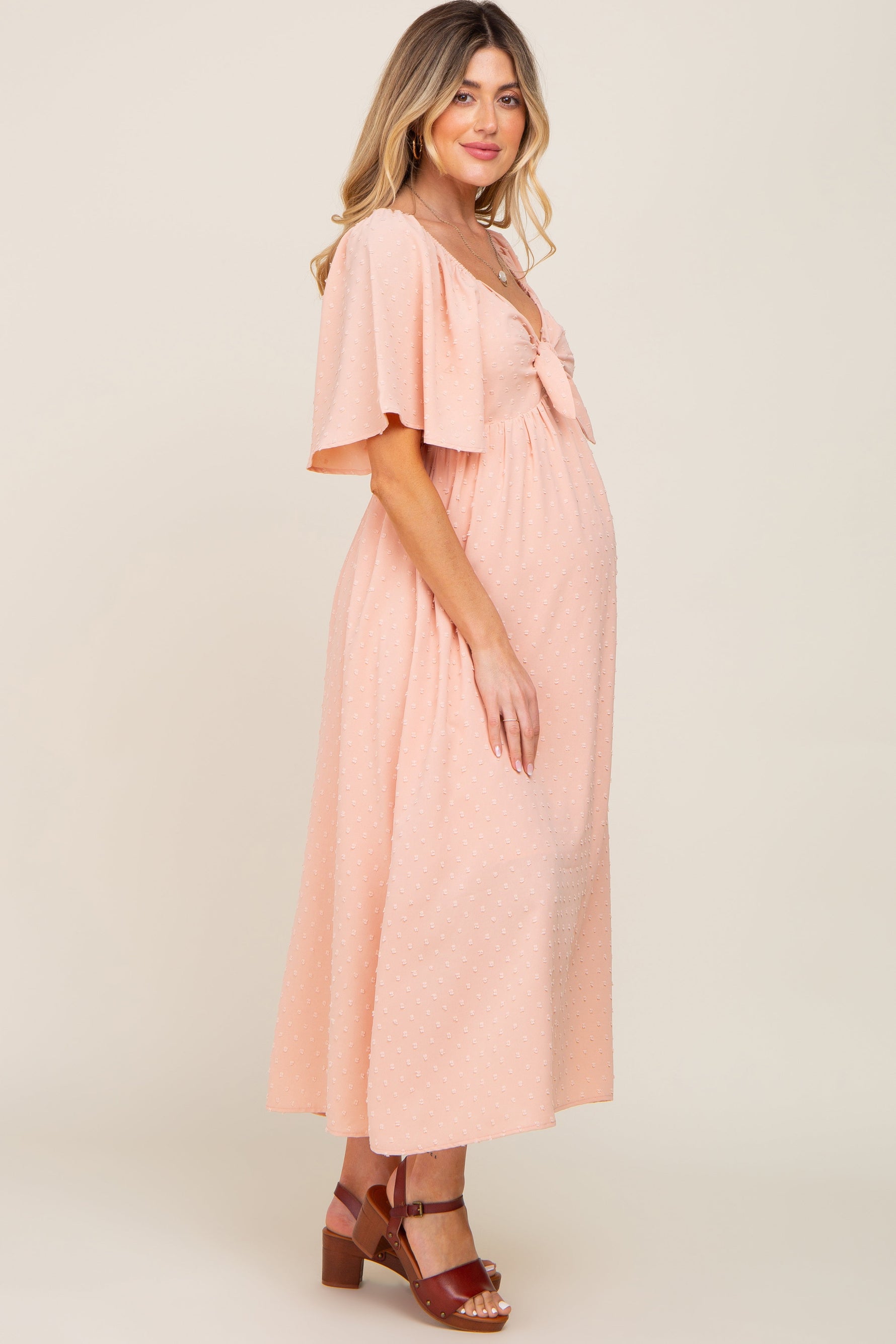 PinkBlush Peach Textured Dot Front Tie Ruffle Sleeve Maternity Midi DressEveretts Place