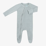 Pearl blue baby footie with zipper front, fold-over mittens, and covered feet