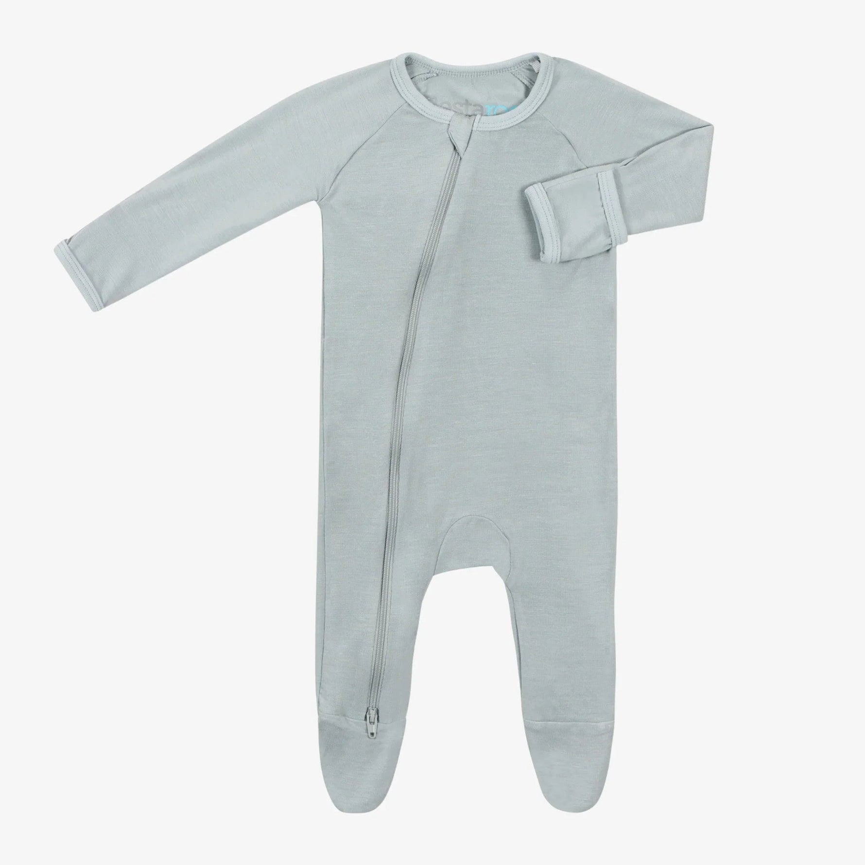 Pearl blue baby footie with zipper front, fold-over mittens, and covered feet