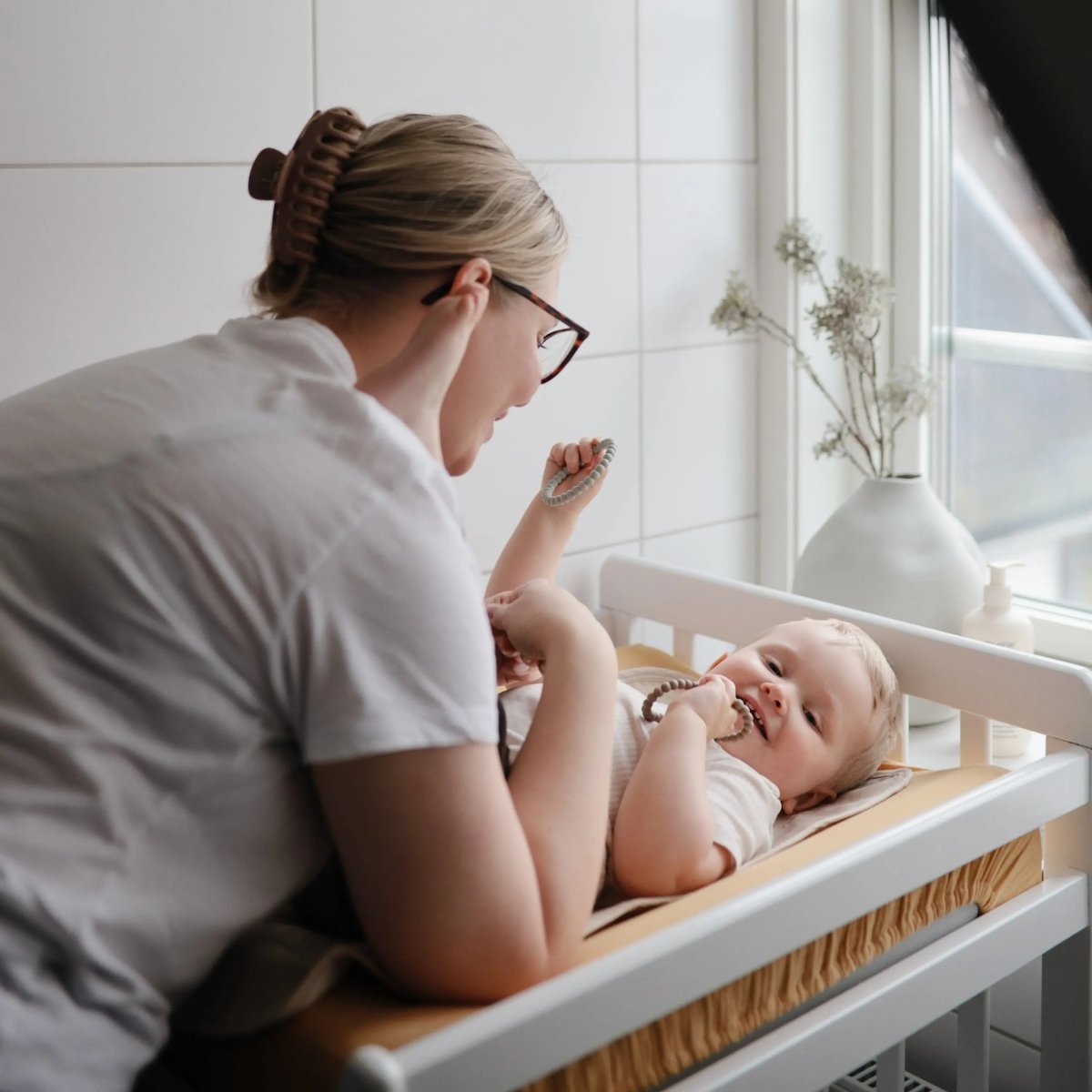 Mushie Pearl Teether Bracelet for Babies Non-Toxic Food-Grade Silicone Easy Grip Soothing Accessory -