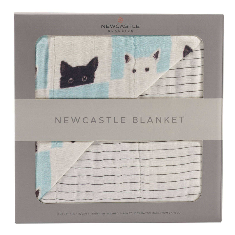 Peek-A-Boo Cats and Pencil Stripe Bamboo Muslin Blanket in packaging, features cat designs.