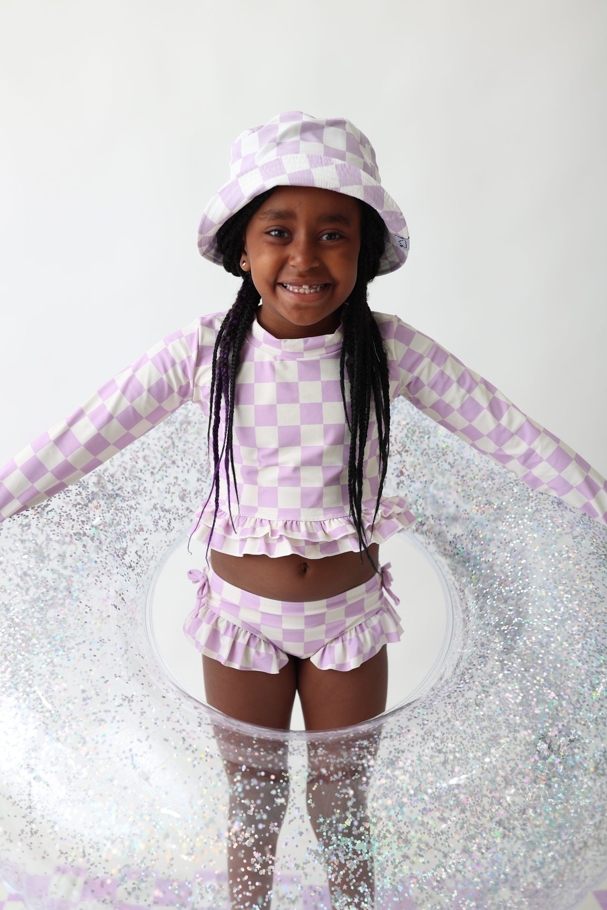 DREAM BIG LITTLE CO PERIWINKLE CHECKERS DREAM RASH GUARD RUFFLE TWO - PIECE SWIM SUITEveretts Place
