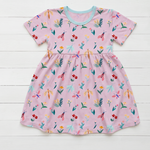 Short sleeve girls dress in a petal and bug print with a full twirl skirt
