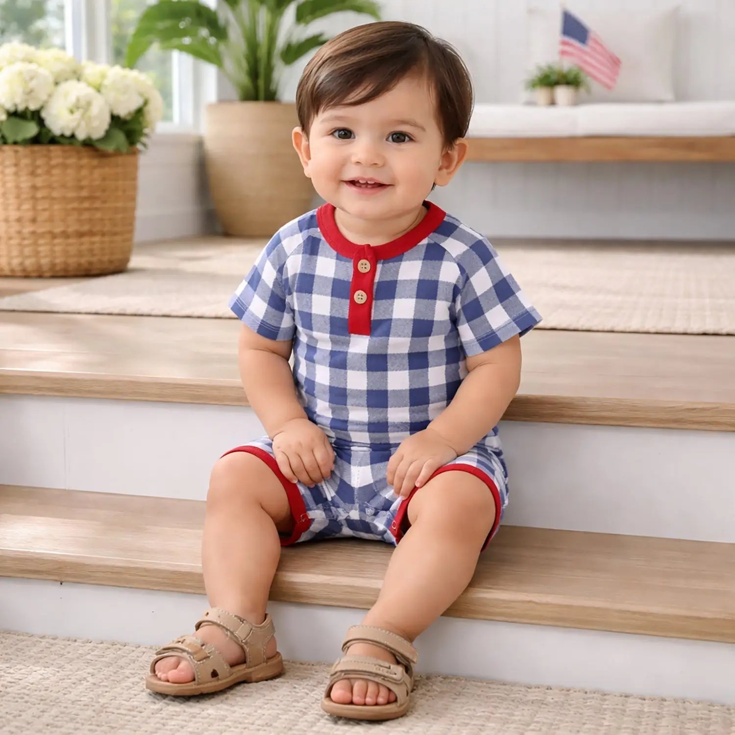 Tesa Babe Picnic Plaid Bamboo Henley Shortall Romper for Baby Boys - 