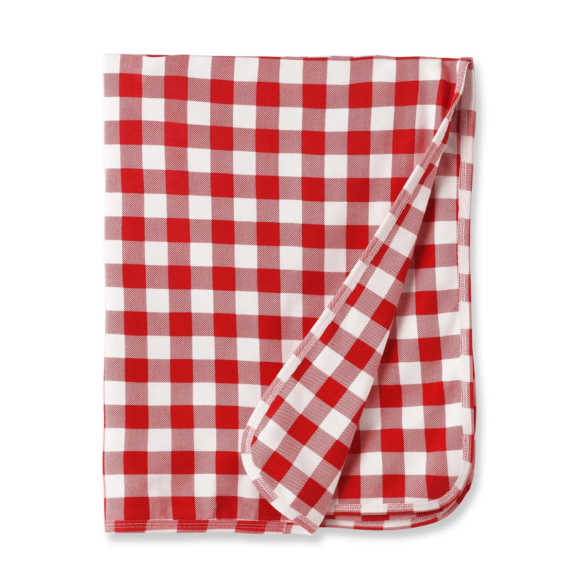 Baby stroller blanket in red and white picnic plaid, folded to show the checked pattern.