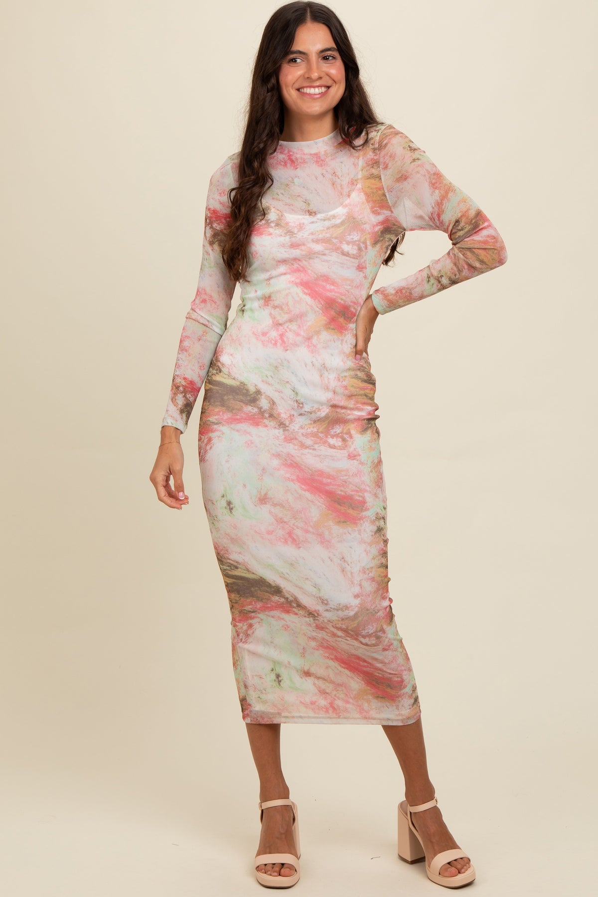 PinkBlush Pink Abstract Printed Mesh Overlay Maxi DressEveretts Place