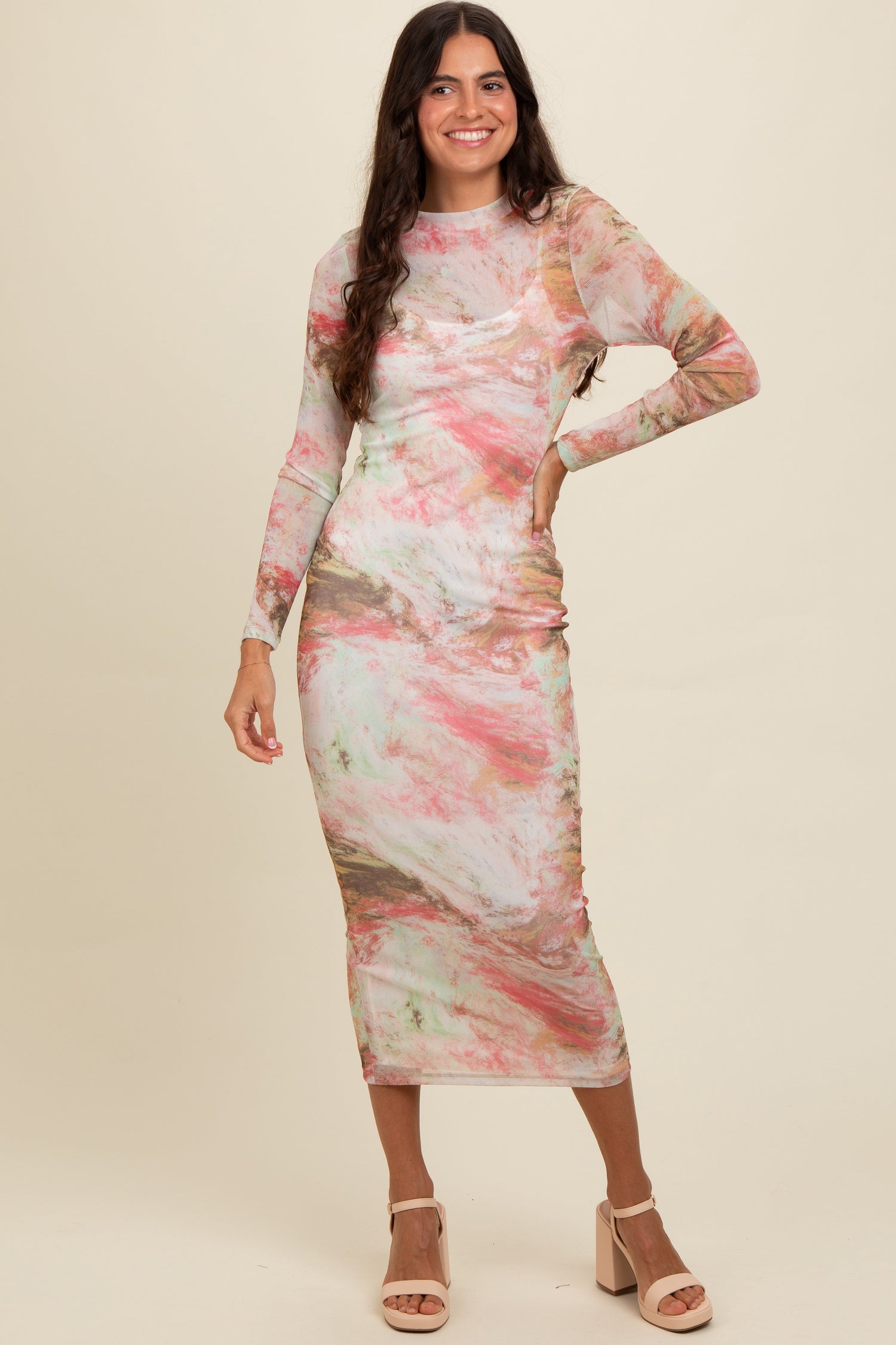 PinkBlush Pink Abstract Printed Mesh Overlay Maxi DressEveretts Place