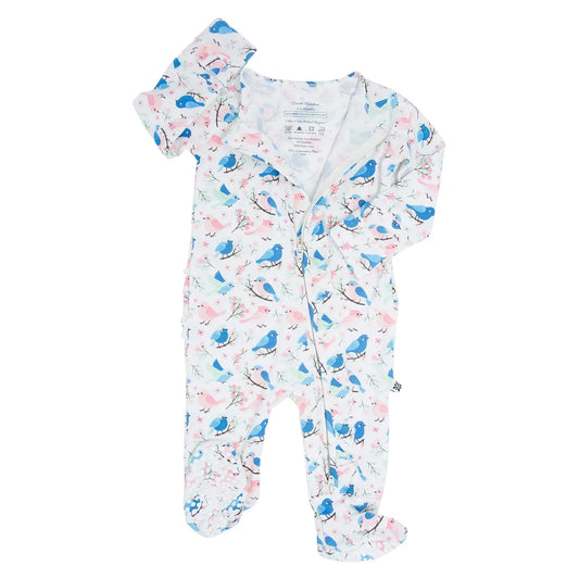 Pink and Blue Songbirds Ruffle Baby Footie with Two Way Zipper and Non Slip Grips Sweet Bamboo