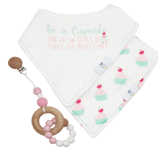 Pink Attachable Wooden and Silicone Teether and Cupcake Bib Gift Set.