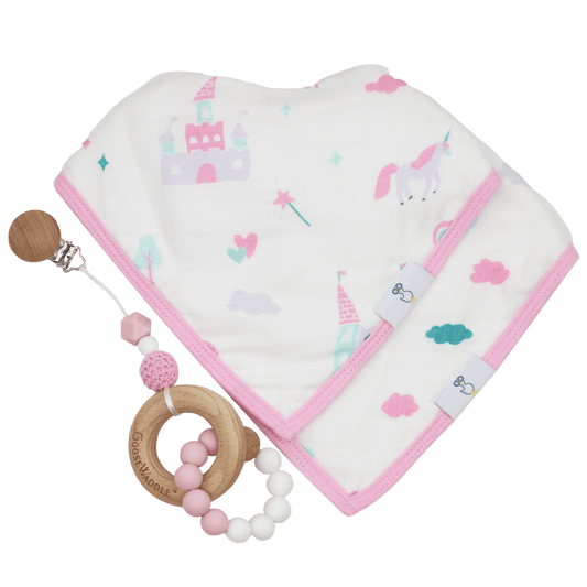 Pink Attachable Wooden and Silicone Teether and Unicorn Bib Gift Set.