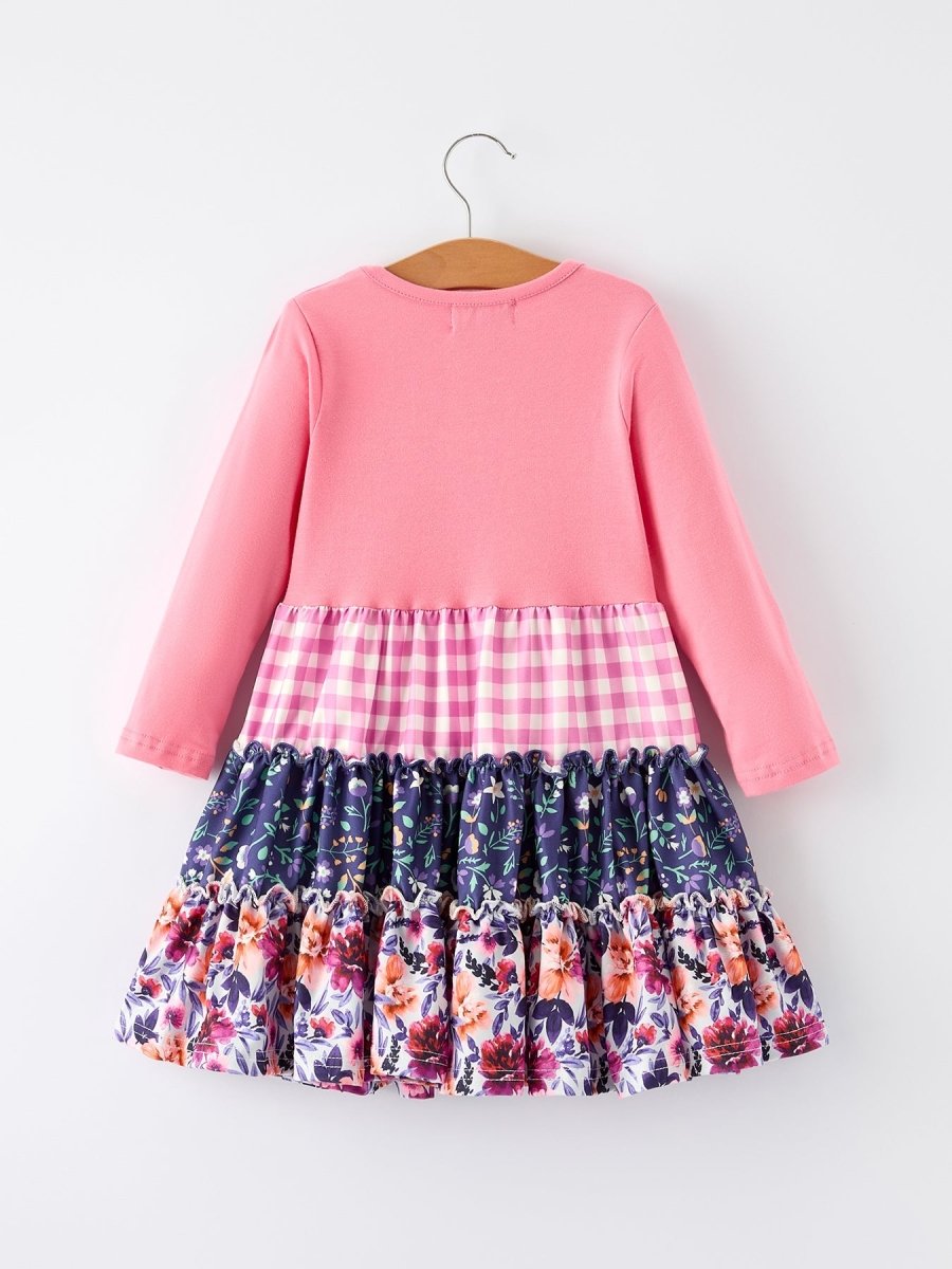 Rylee Faith Designs Pink Autumn Patchwork Floral & Plaid Long Sleeve Girls Dress - 