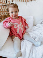 Little Joy Co. Pink Baby Romper: Floral Bow Applique Sweatshirt Outfit - 
