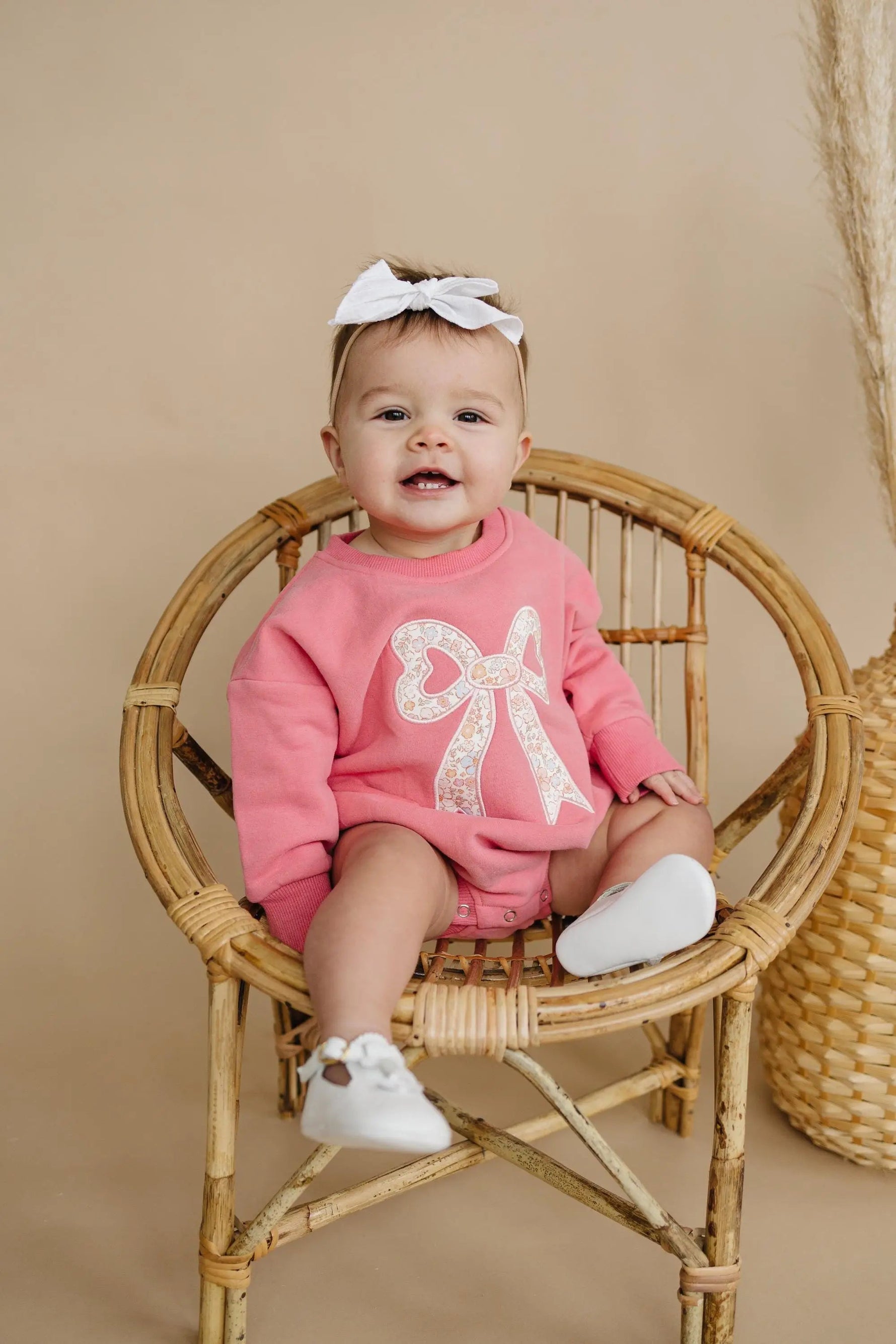 Little Joy Co. Pink Baby Romper: Floral Bow Applique Sweatshirt Outfit - 