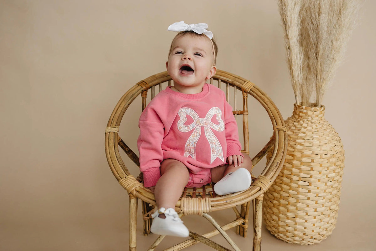 Little Joy Co. Pink Baby Romper: Floral Bow Applique Sweatshirt Outfit - 