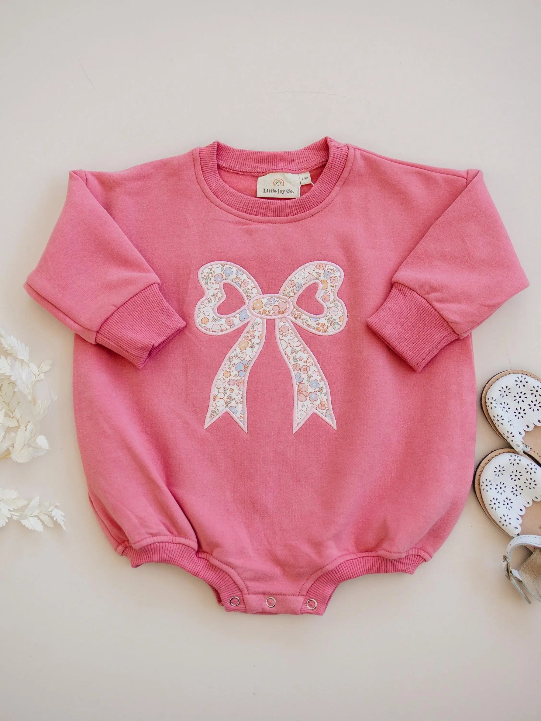 Little Joy Co. Pink Baby Romper: Floral Bow Applique Sweatshirt Outfit - 
