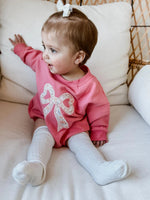 Little Joy Co. Pink Baby Romper: Floral Bow Applique Sweatshirt Outfit - 