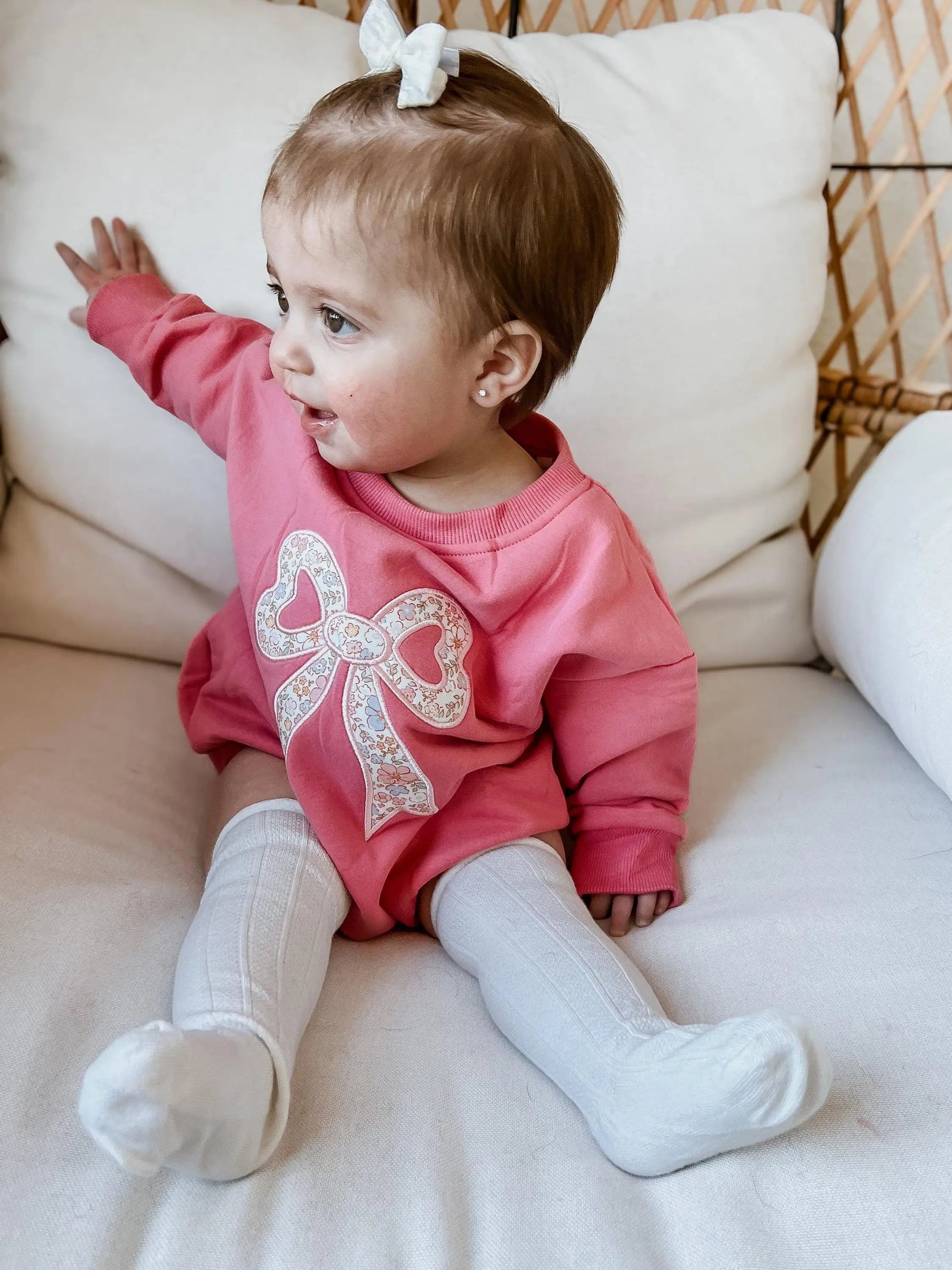 Little Joy Co. Pink Baby Romper: Floral Bow Applique Sweatshirt Outfit - 