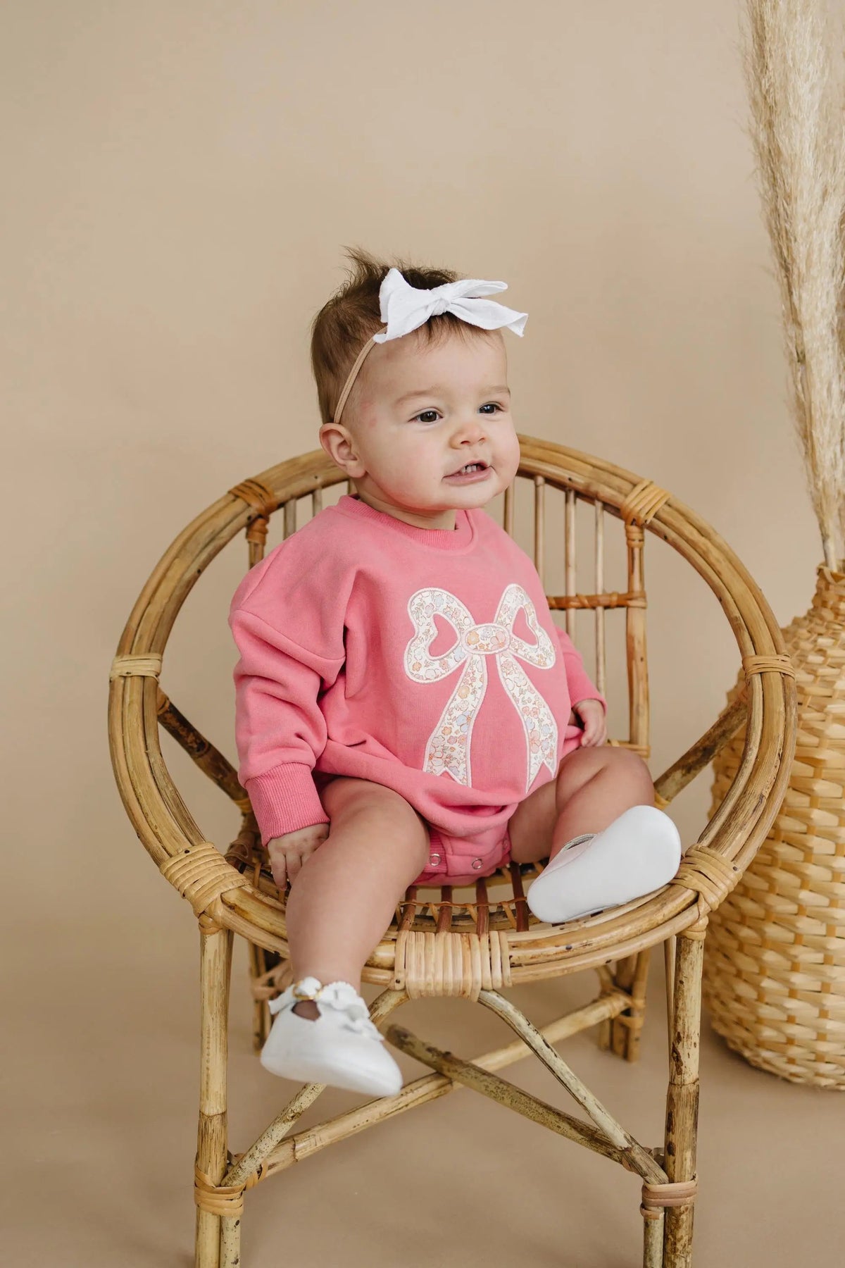 Little Joy Co. Pink Baby Romper: Floral Bow Applique Sweatshirt Outfit - 