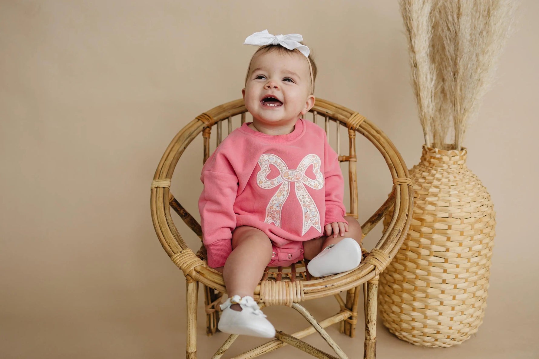Little Joy Co. Pink Baby Romper: Floral Bow Applique Sweatshirt Outfit - 