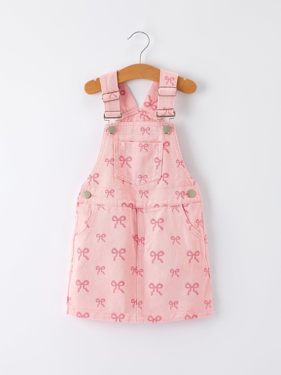Rylee Faith Designs Pink Bow Denim Overall Dress for Girls - 