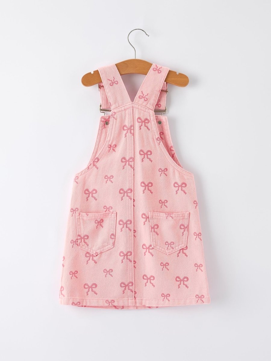 Rylee Faith Designs Pink Bow Denim Overall Dress for Girls - 
