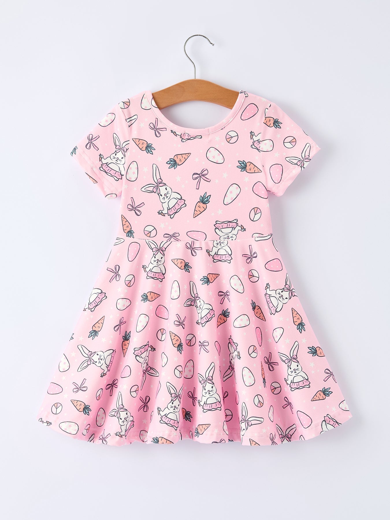 Rylee Faith Designs Pink Bunny Carrot Print Girls Short Sleeve Dress - 