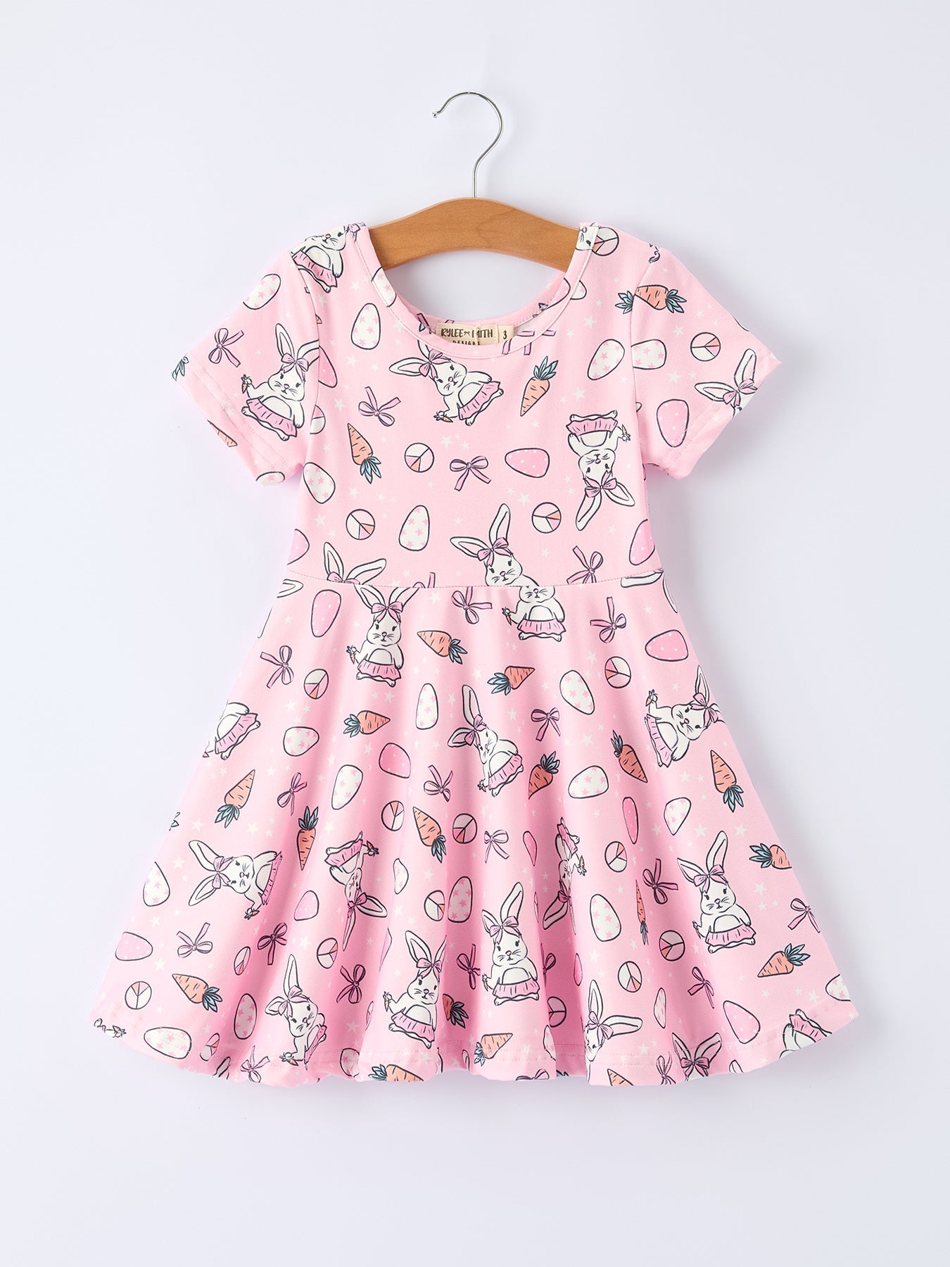 Rylee Faith Designs Pink Bunny Carrot Print Girls Short Sleeve Dress - 