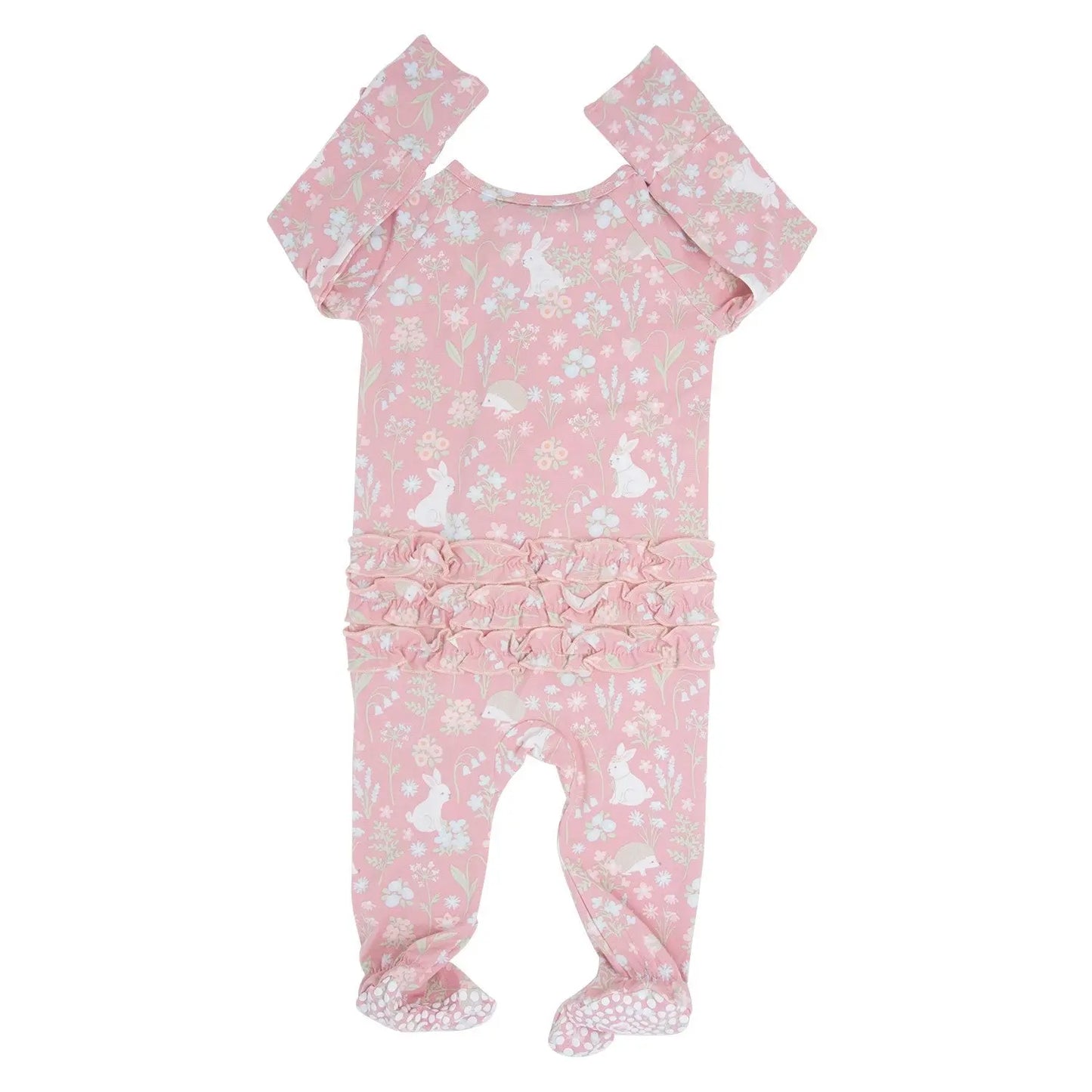 Pink Bunny Floral Baby Ruffle Footie with Hypoallergenic Fabric and No Slip Grips Sweet Bamboo