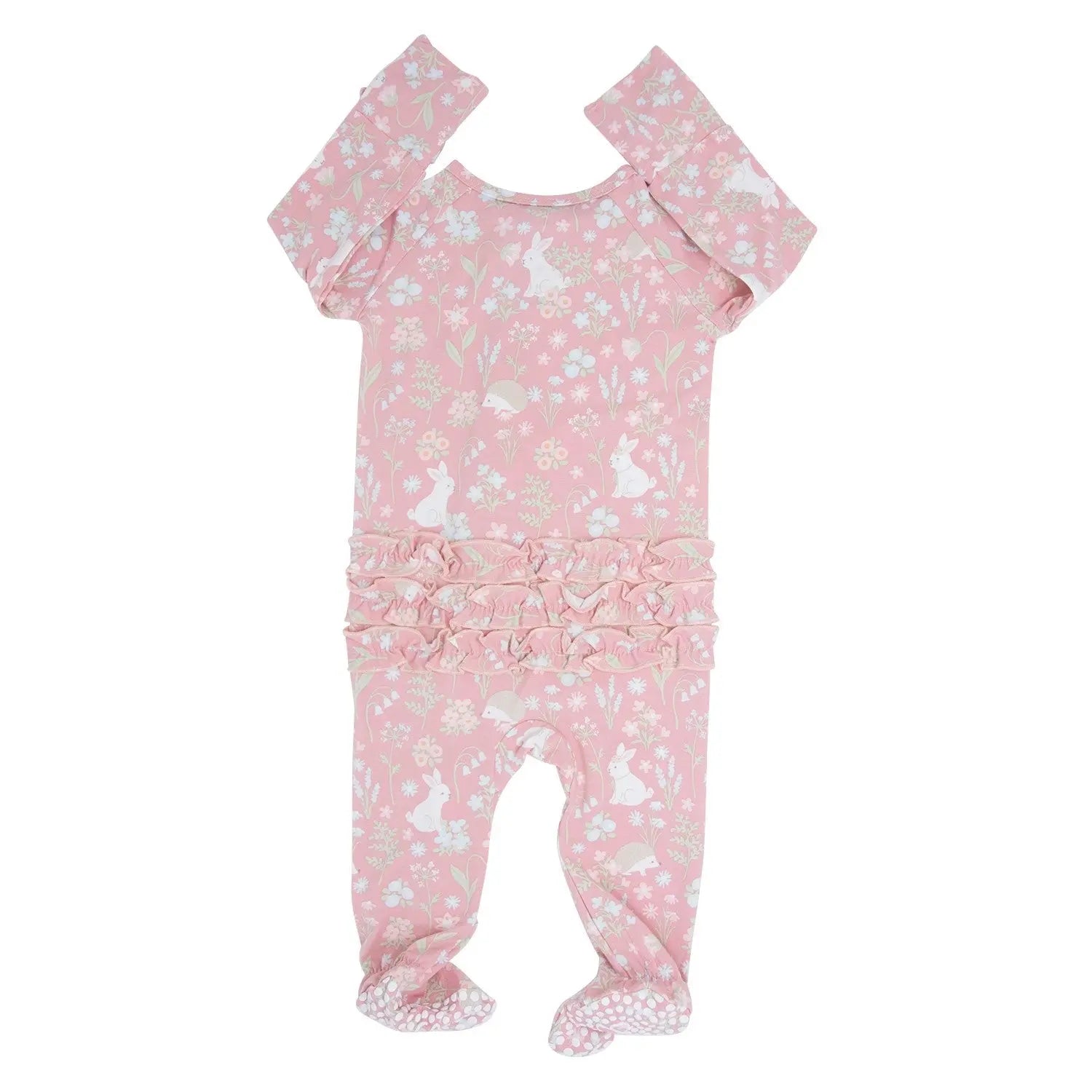Pink Bunny Floral Baby Ruffle Footie with Hypoallergenic Fabric and No Slip Grips Sweet Bamboo