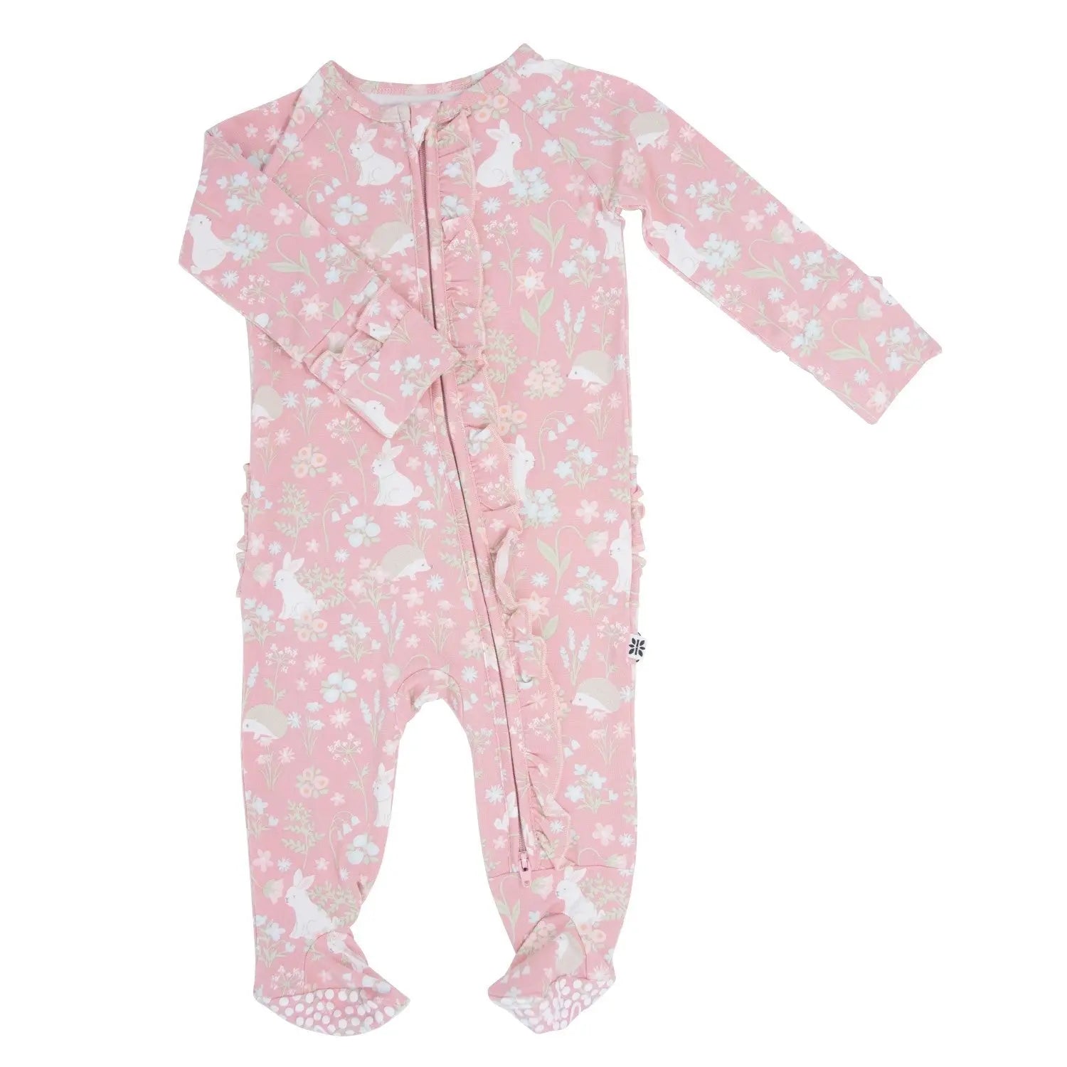 Pink Bunny Floral Baby Ruffle Footie with Hypoallergenic Fabric and No Slip Grips Sweet Bamboo