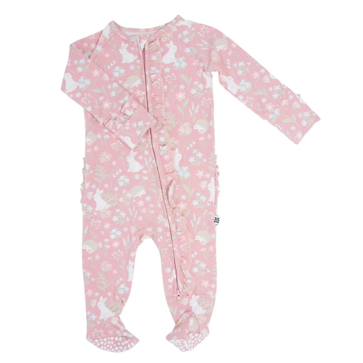 Sweet Bamboo Pink Bunny Floral Baby Ruffle Footie with Hypoallergenic Fabric for Infants - 