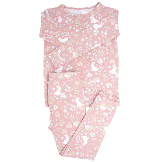 Pink Bunny Floral Big Kid Pajama Set for Comfortable Bedtime Wear Sweet Bamboo