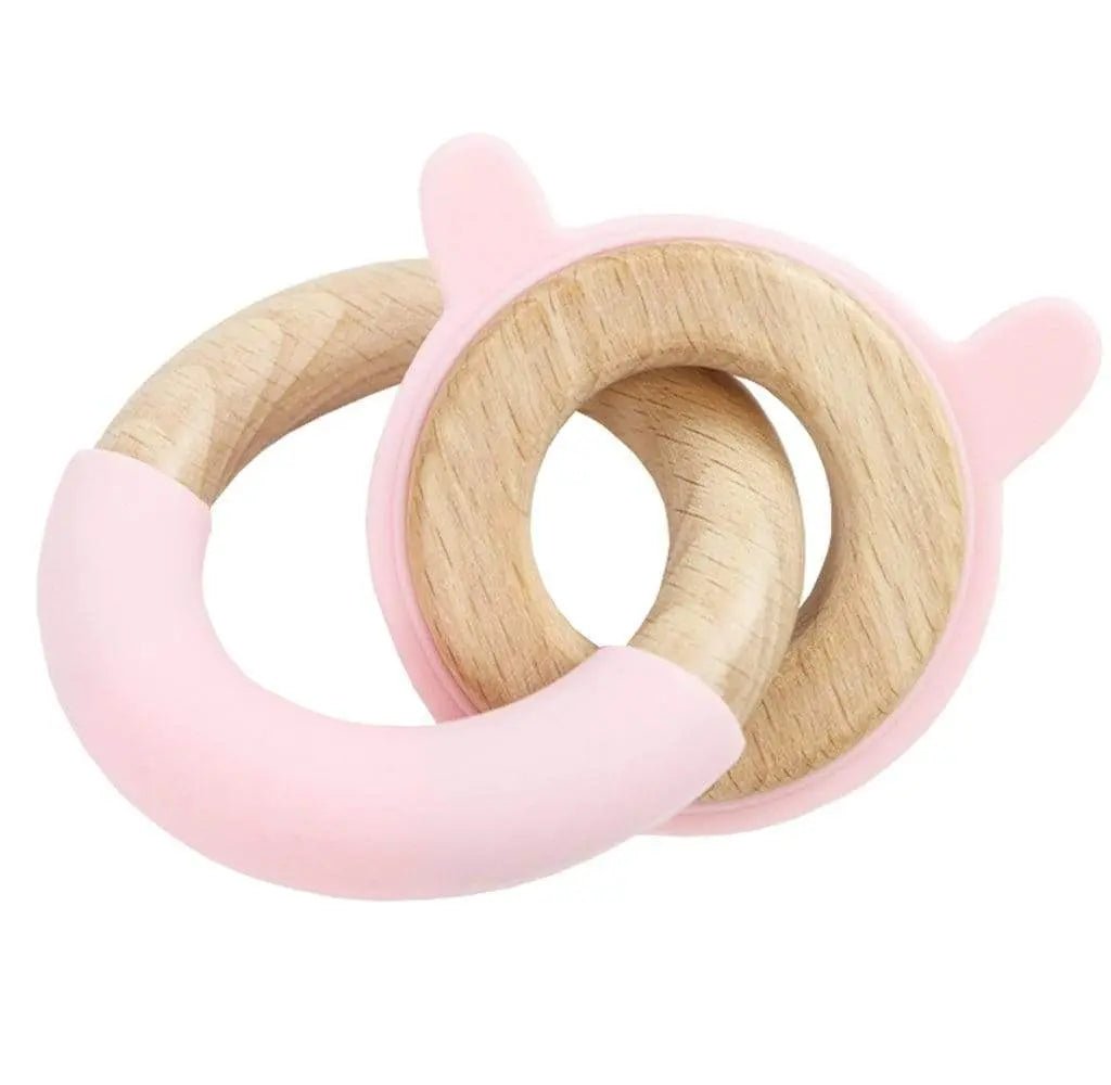 Pink Bunny Silicone and Wood Double Teether for Babies and Toddlers - Everetts Place