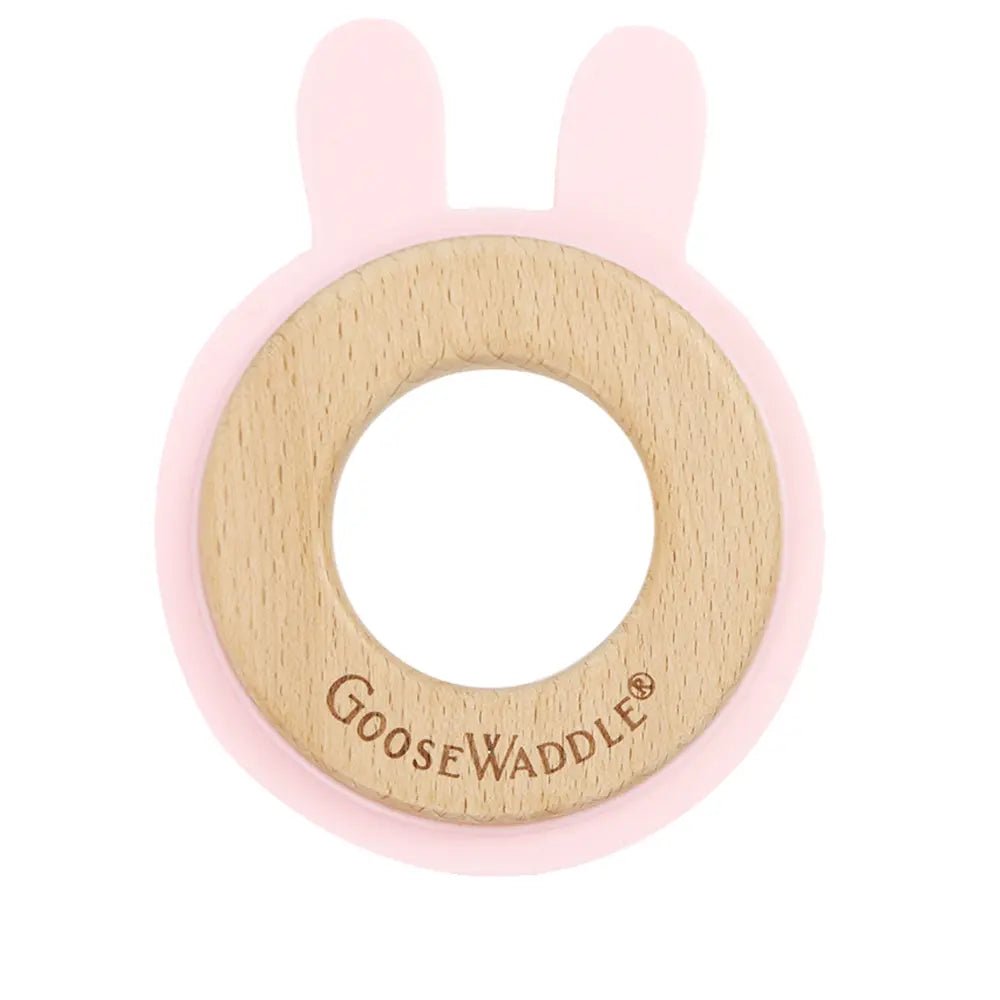 Goosewaddle® | Newborn Baby Blankets Toys Teethers Bibs & More Pink Bunny Silicone and Wood Teether for Babies and Toddlers -