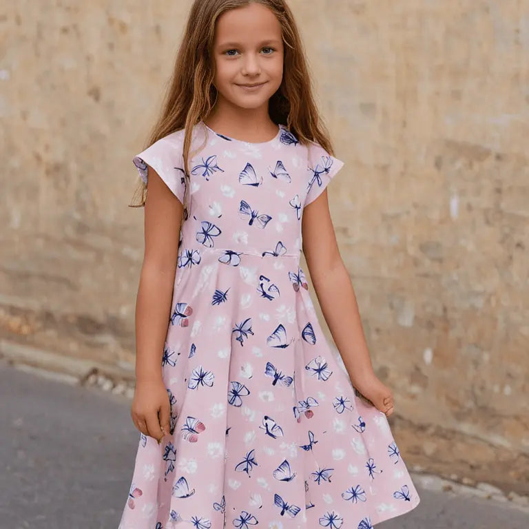 Sweet Bamboo Pink Butterfly Daisy Bamboo Cap Sleeve Swirly Girl Dress - 