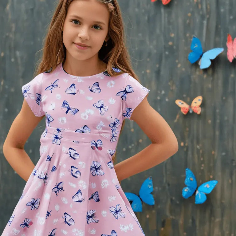 Sweet Bamboo Pink Butterfly Daisy Bamboo Cap Sleeve Swirly Girl Dress - 