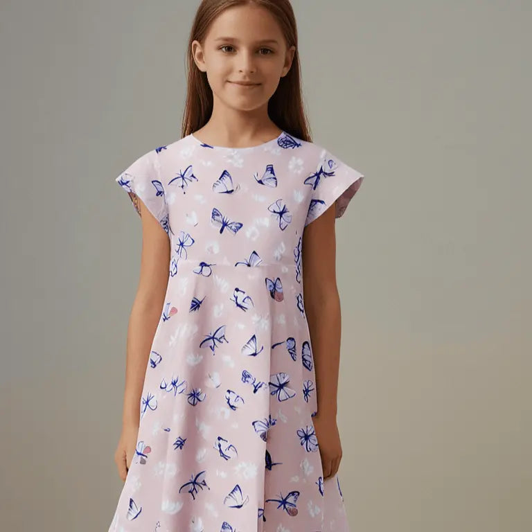 Sweet Bamboo Pink Butterfly Daisy Bamboo Cap Sleeve Swirly Girl Dress - 